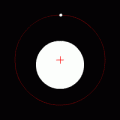 Two bodies with an extreme difference in mass orbiting around a common barycenter (red cross) with circular orbits